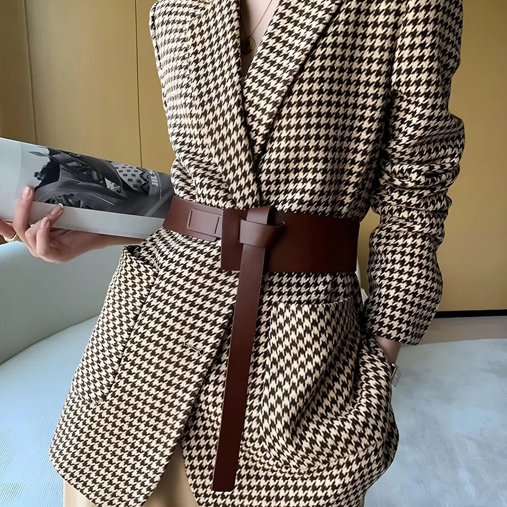 Houndstooth Blazer with Brown Belt